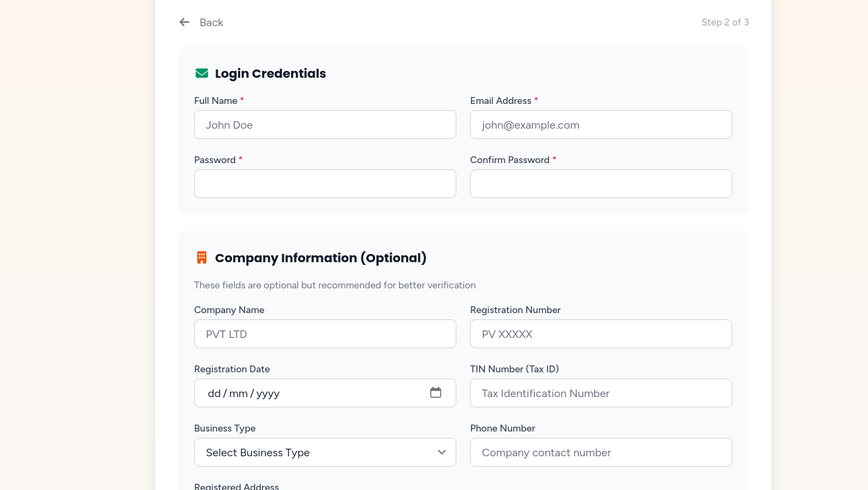 Company Registration Step 2 - Enter Business Details